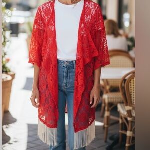 NEW•L•Rare Red Lace Monroe Kimono & Cream Fringe